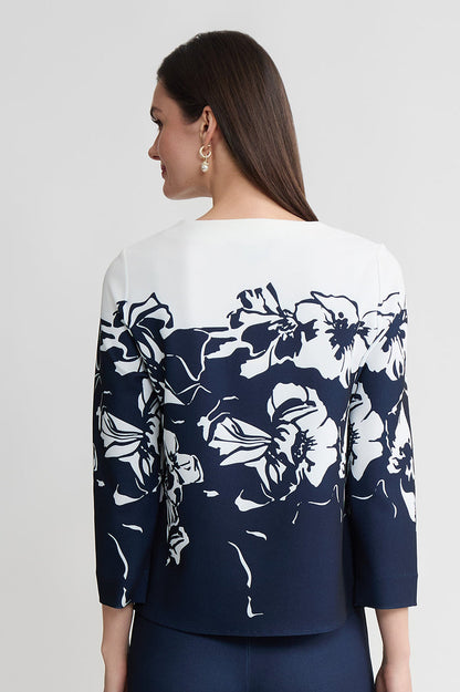 Floral Print Stretch Deco Crepe Blouse, Indigo/White | Ming Wang