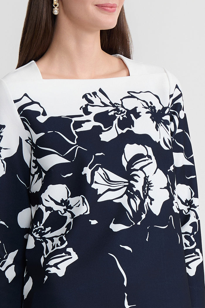 Floral Print Stretch Deco Crepe Blouse, Indigo/White | Ming Wang