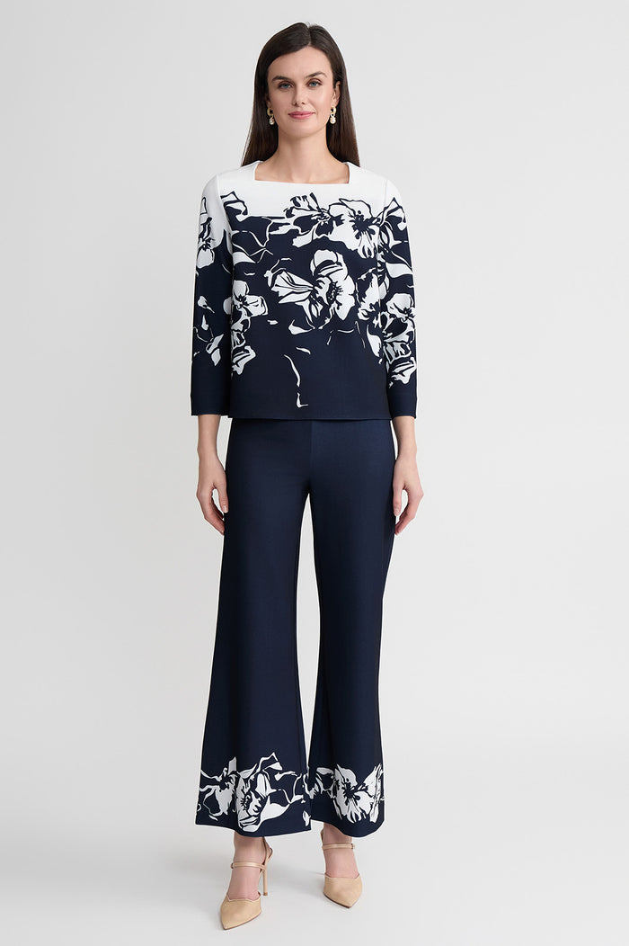 Floral Print Stretch Deco Crepe Blouse, Indigo/White | Ming Wang