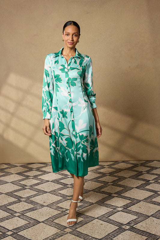 Floral Printed Crepe de Chine Maxi Shirt Dress, Kelly Green/Eucalyptus/Limestone/Ivory | Ming Wang