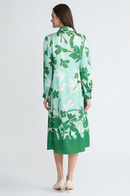 Floral Printed Crepe de Chine Maxi Shirt Dress, Kelly Green/Eucalyptus/Limestone/Ivory | Ming Wang