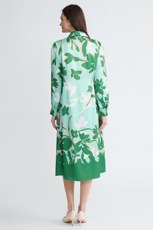 Floral Printed Crepe de Chine Maxi Shirt Dress, Kelly Green/Eucalyptus/Limestone/Ivory | Ming Wang