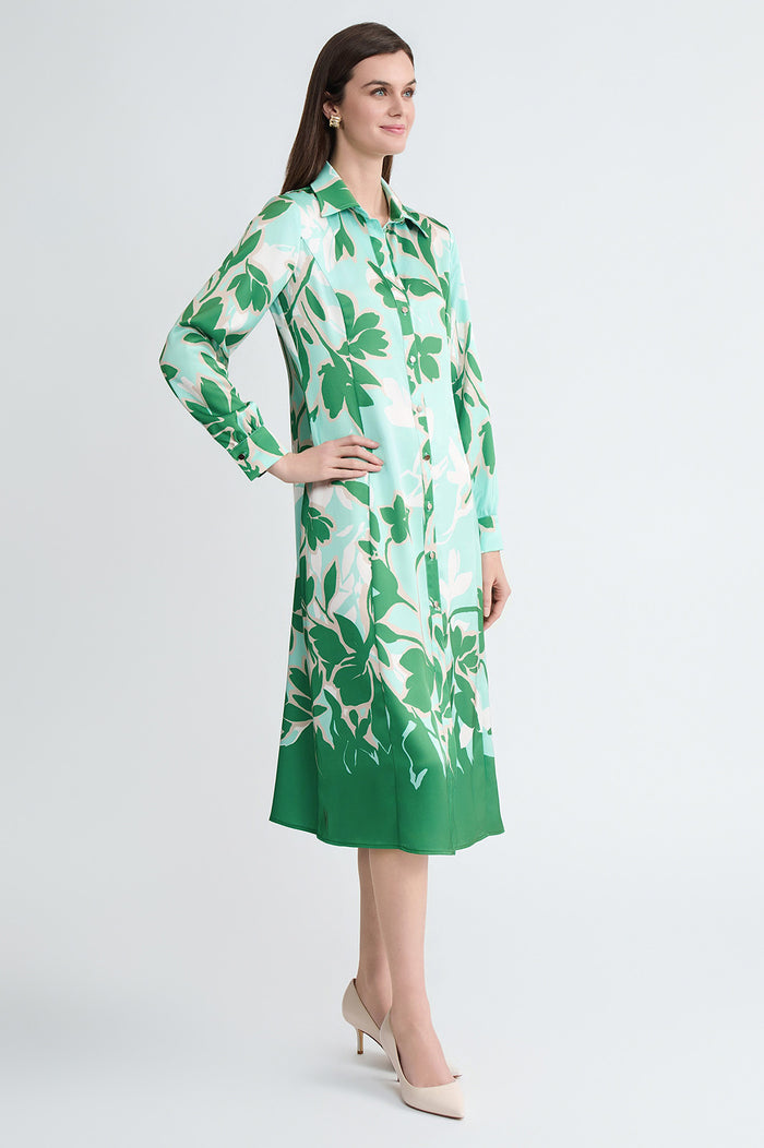 Floral Printed Crepe de Chine Maxi Shirt Dress, Kelly Green/Eucalyptus/Limestone/Ivory | Ming Wang