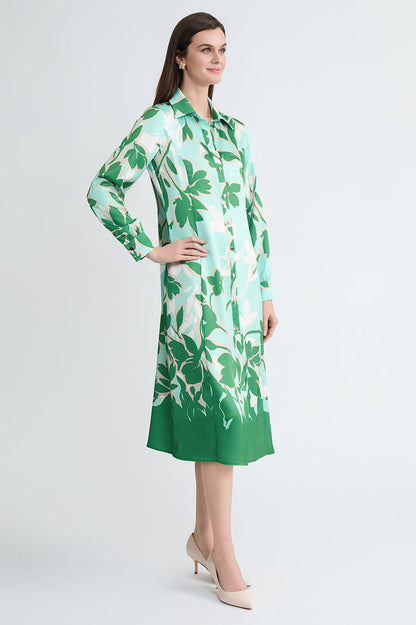 Floral Printed Crepe de Chine Maxi Shirt Dress, Kelly Green/Eucalyptus/Limestone/Ivory | Ming Wang