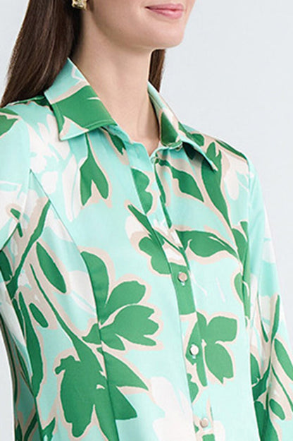 Floral Printed Crepe de Chine Maxi Shirt Dress, Kelly Green/Eucalyptus/Limestone/Ivory | Ming Wang