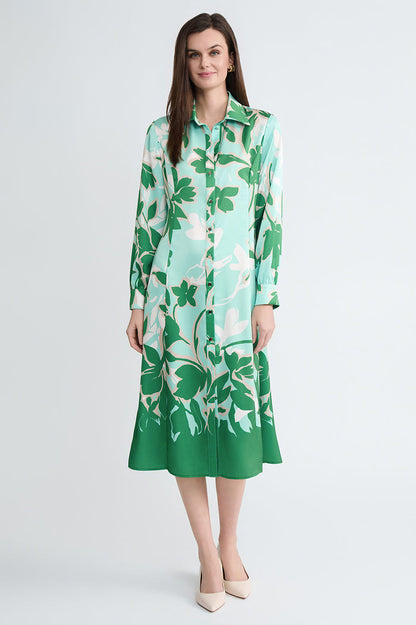 Floral Printed Crepe de Chine Maxi Shirt Dress, Kelly Green/Eucalyptus/Limestone/Ivory | Ming Wang
