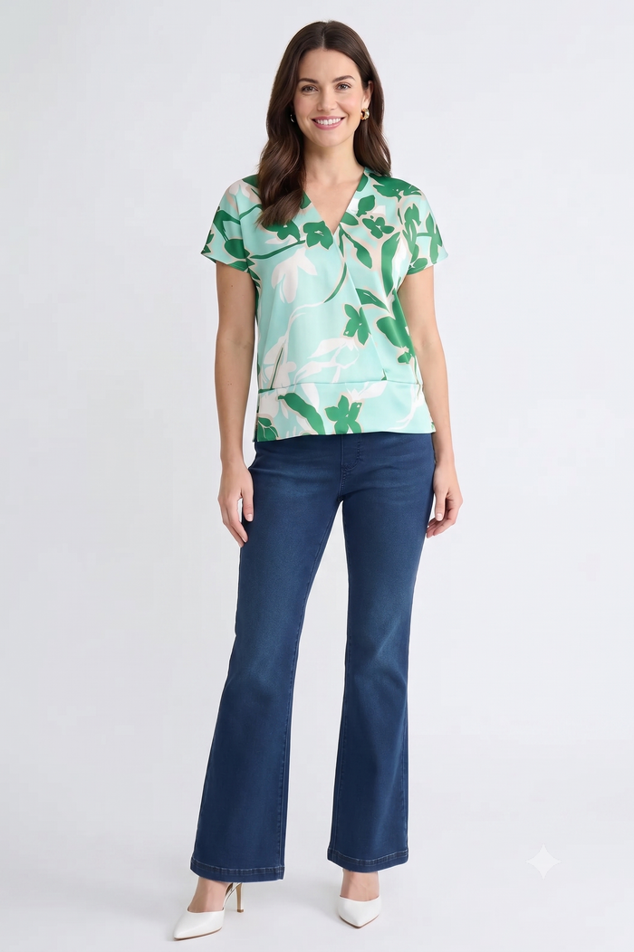 Floral Printed Crepe de Chine Top, Kelly Green/Eucalyptus/Limestone/Ivory | Ming Wang