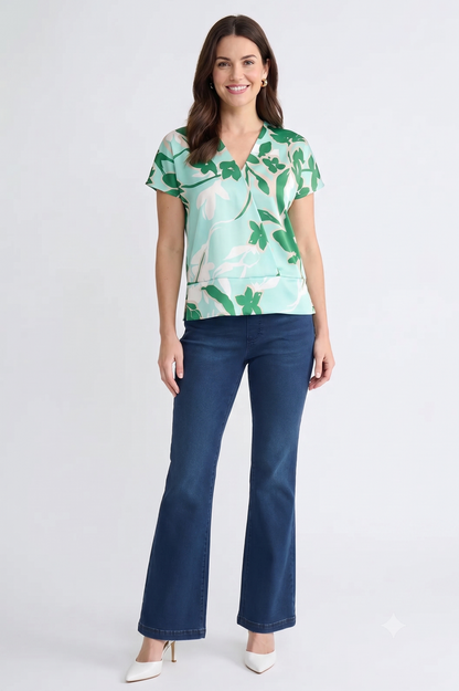 Floral Printed Crepe de Chine Top, Kelly Green/Eucalyptus/Limestone/Ivory | Ming Wang
