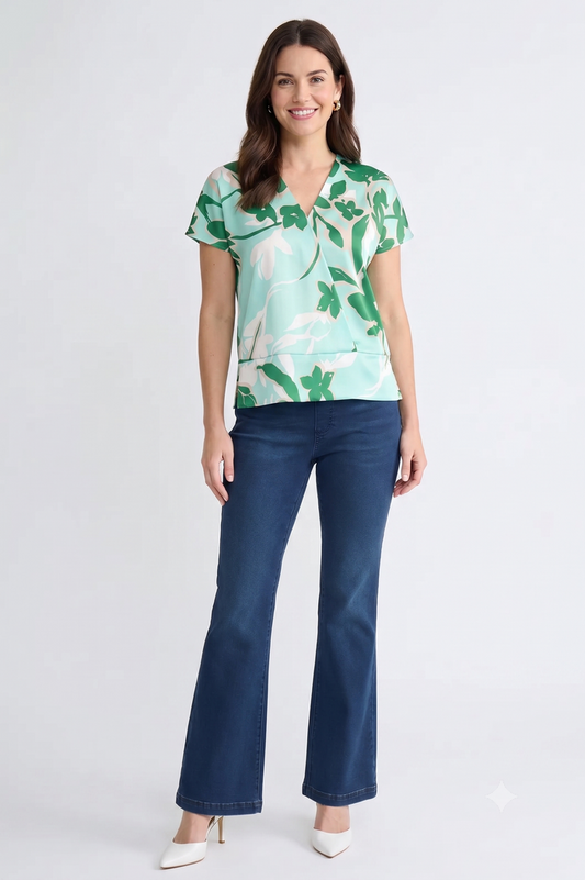 Floral Printed Crepe de Chine Top, Kelly Green/Eucalyptus/Limestone/Ivory | Ming Wang