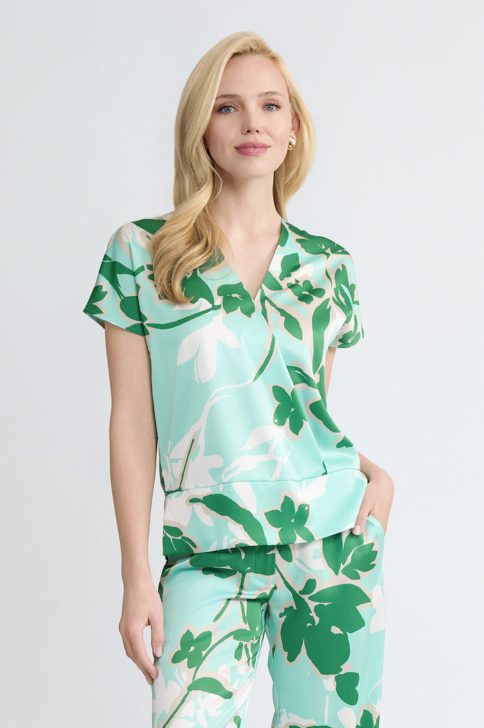 Floral Printed Crepe de Chine Top, Kelly Green/Eucalyptus/Limestone/Ivory | Ming Wang