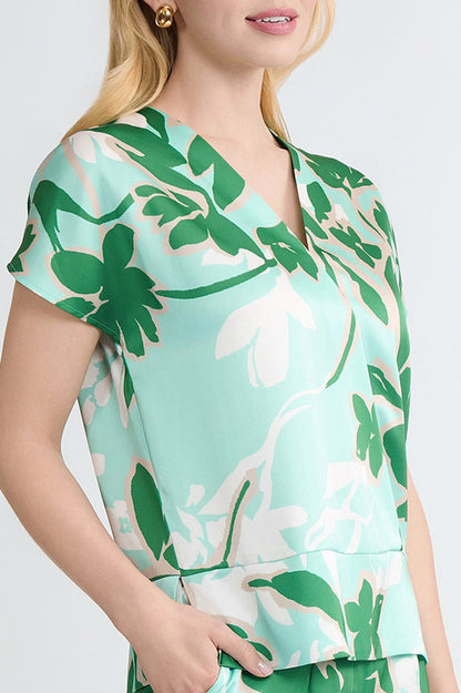 Floral Printed Crepe de Chine Top, Kelly Green/Eucalyptus/Limestone/Ivory | Ming Wang