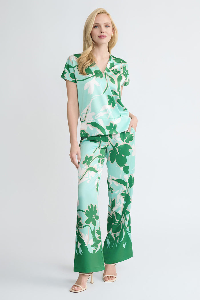 Floral Printed Crepe de Chine Top, Kelly Green/Eucalyptus/Limestone/Ivory | Ming Wang