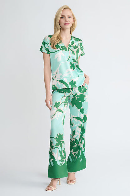 Floral Printed Crepe de Chine Top, Kelly Green/Eucalyptus/Limestone/Ivory | Ming Wang