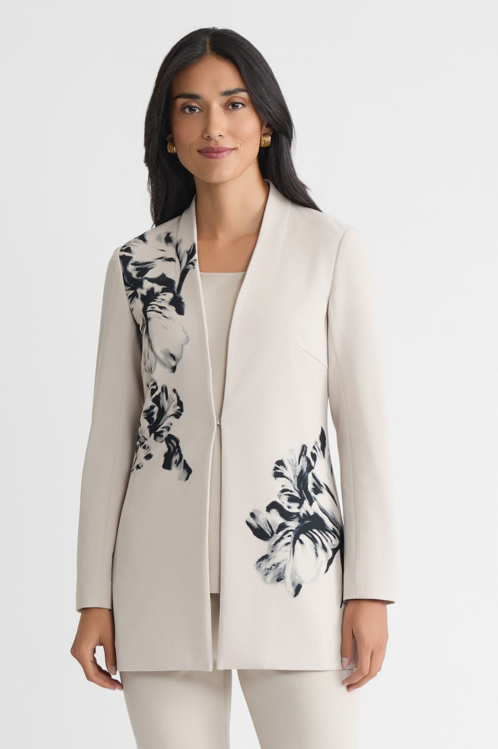 Heritage Floral Printed Stretch Deco Crepe Jacket, Limestone/Black | Ming Wang