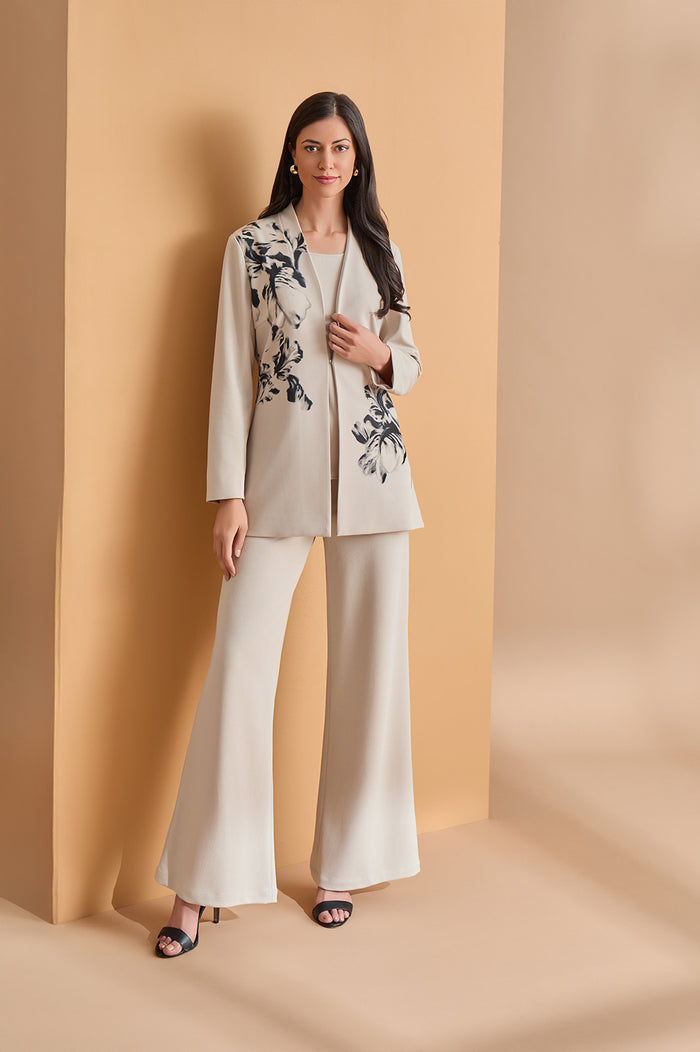 Heritage Floral Printed Stretch Deco Crepe Jacket, Limestone/Black | Ming Wang