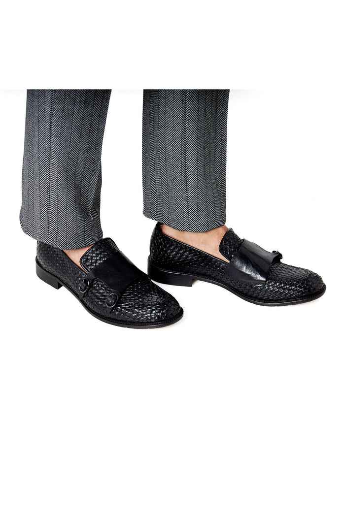 FLORENCE 2 - DOUBLE BUCKLE MONK LOAFER IN BLACK INTERWEAVE ITALIAN LEATHER
