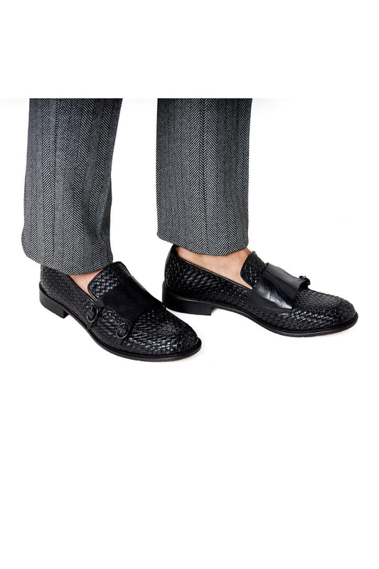 FLORENCE 2 - DOUBLE BUCKLE MONK LOAFER IN BLACK INTERWEAVE ITALIAN LEATHER
