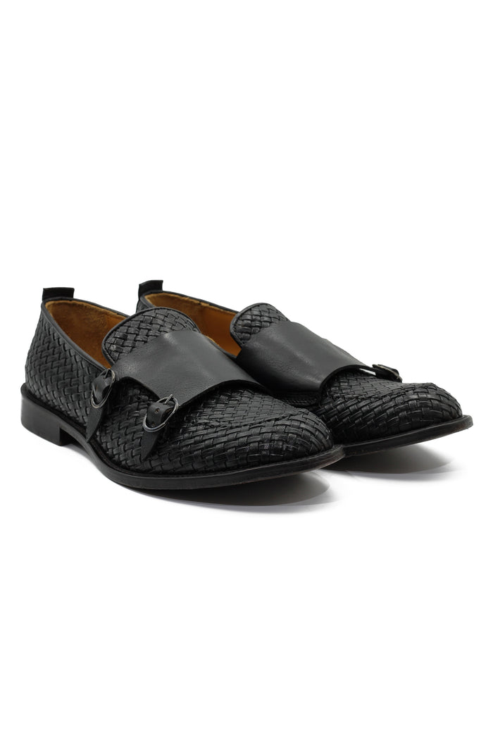 FLORENCE 2 - DOUBLE BUCKLE MONK LOAFER IN BLACK INTERWEAVE ITALIAN LEATHER