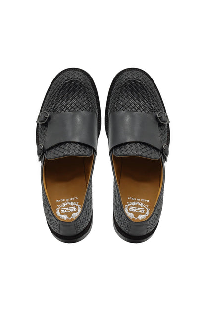 FLORENCE 2 - DOUBLE BUCKLE MONK LOAFER IN BLACK INTERWEAVE ITALIAN LEATHER