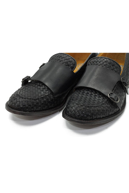 FLORENCE 2 - DOUBLE BUCKLE MONK LOAFER IN BLACK INTERWEAVE ITALIAN LEATHER