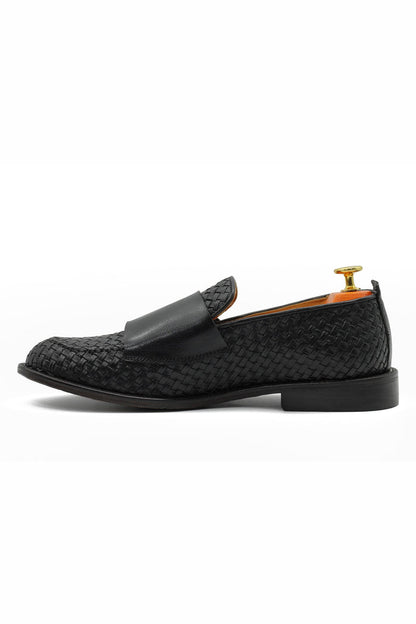 FLORENCE 2 - DOUBLE BUCKLE MONK LOAFER IN BLACK INTERWEAVE ITALIAN LEATHER