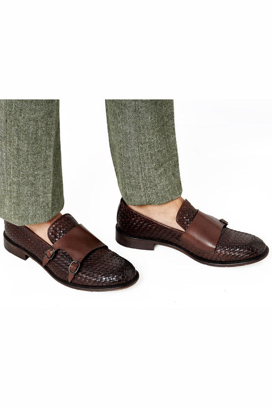 FLORENCE 2 - DOUBLE BUCKLE MONK LOAFER IN BROWN INTERWEAVE ITALIAN LEATHER