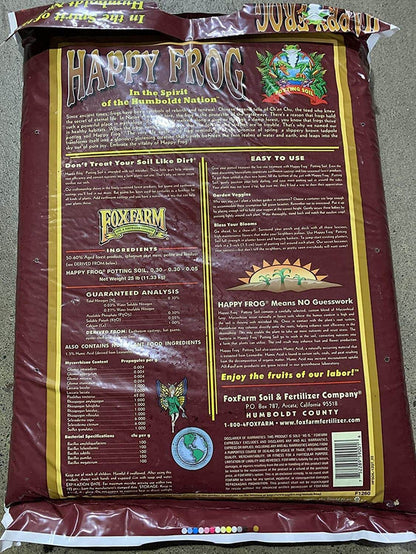 A 25lb bag of FoxFarm Happy Frog potting soil showing detailed usage instructions, ingredients, and analysis.