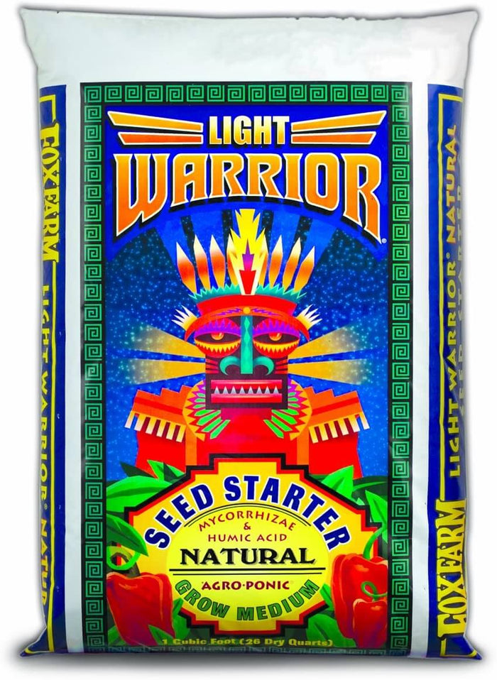 One cubic foot bag of Light Warrior seed starter with vibrant tribal mask graphics and detailed product information.