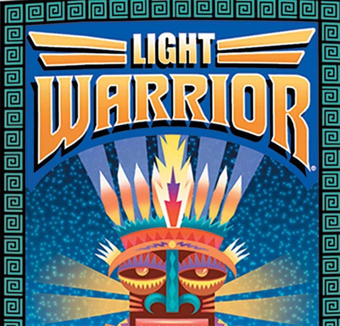 Label with blue background, geometric border, and orange "LIGHT WARRIOR" text over a colorful tribal mask graphic.