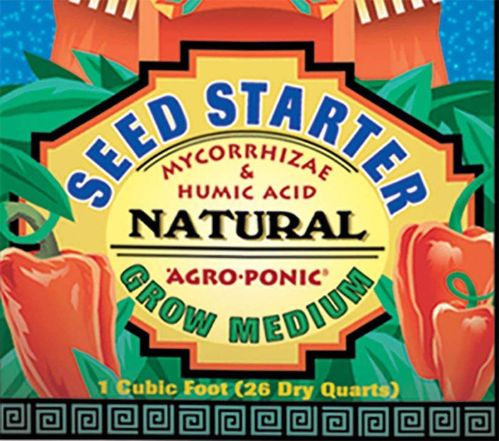 Product label for Seed Starter grow medium with Mycorrhizae and Humic Acid, featuring illustrations of red peppers.