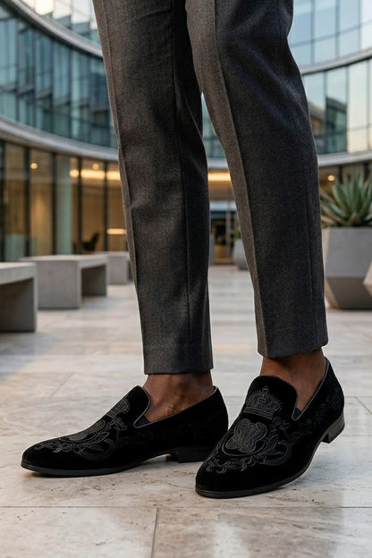 FRED Men’s Black Embroidered Velvet Party Loafers