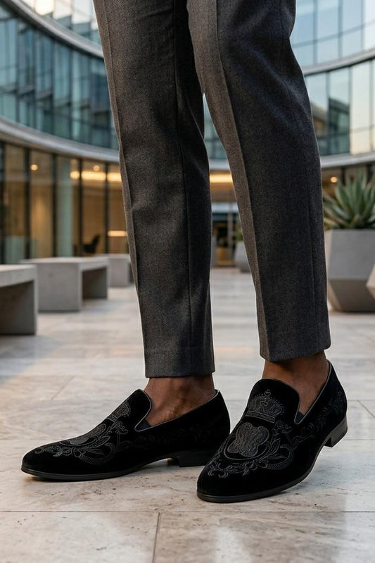 FRED Men’s Black Embroidered Velvet Party Loafers