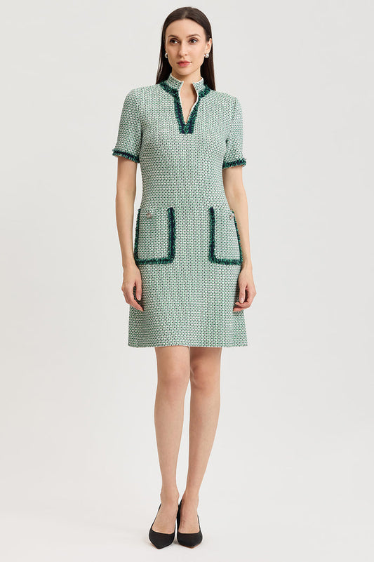 Fringe Trim Jacquard Basketweave Knit Sheath Dress, Kelly Green/Indigo/Ivory | Ming Wang
