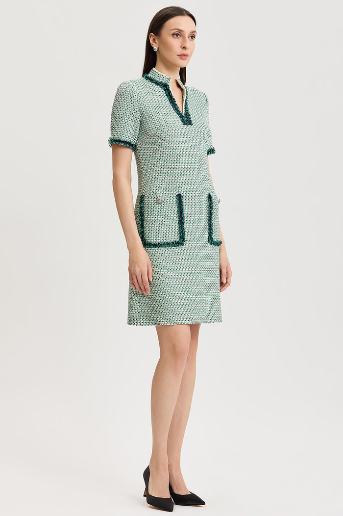 Fringe Trim Jacquard Basketweave Knit Sheath Dress, Kelly Green/Indigo/Ivory | Ming Wang