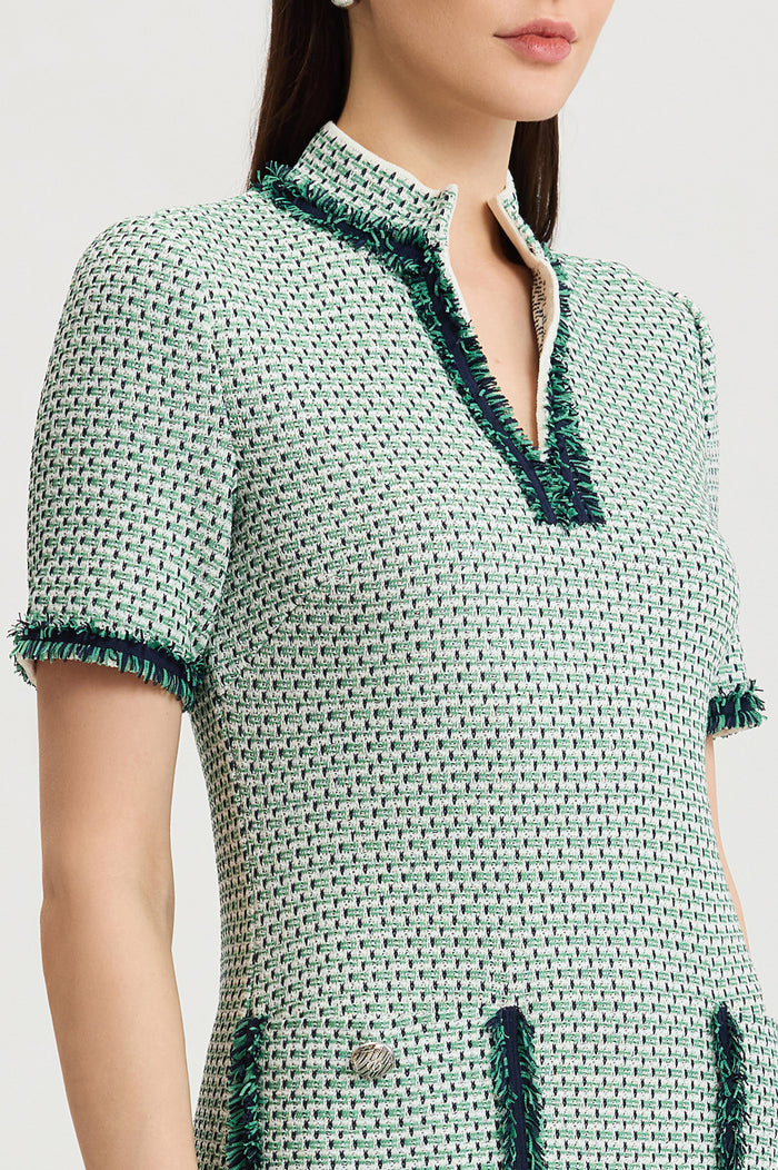 Fringe Trim Jacquard Basketweave Knit Sheath Dress, Kelly Green/Indigo/Ivory | Ming Wang