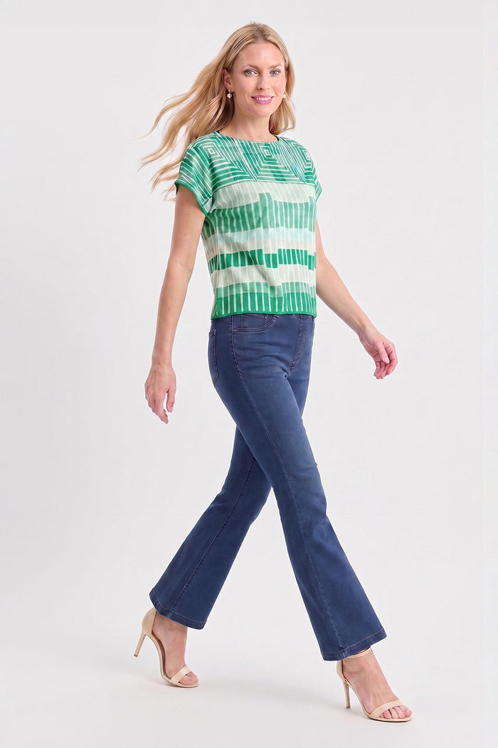 Geometric Jacquard Soft Knit Top, Kelly Green/Eucalyptus/Limestone/Ivory | Ming Wang
