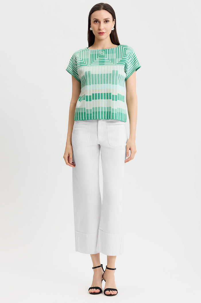 Geometric Jacquard Soft Knit Top, Kelly Green/Eucalyptus/Limestone/Ivory | Ming Wang