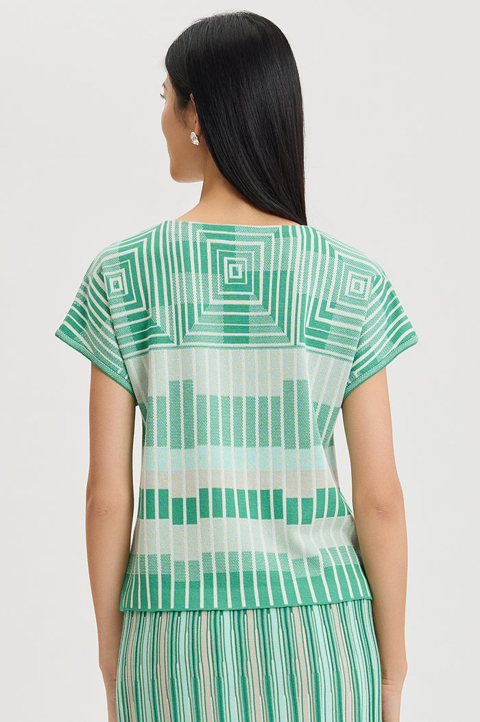 Geometric Jacquard Soft Knit Top, Kelly Green/Eucalyptus/Limestone/Ivory | Ming Wang