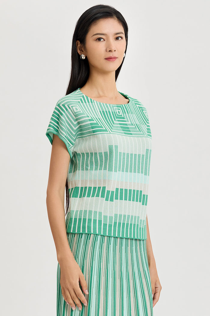 Geometric Jacquard Soft Knit Top, Kelly Green/Eucalyptus/Limestone/Ivory | Ming Wang