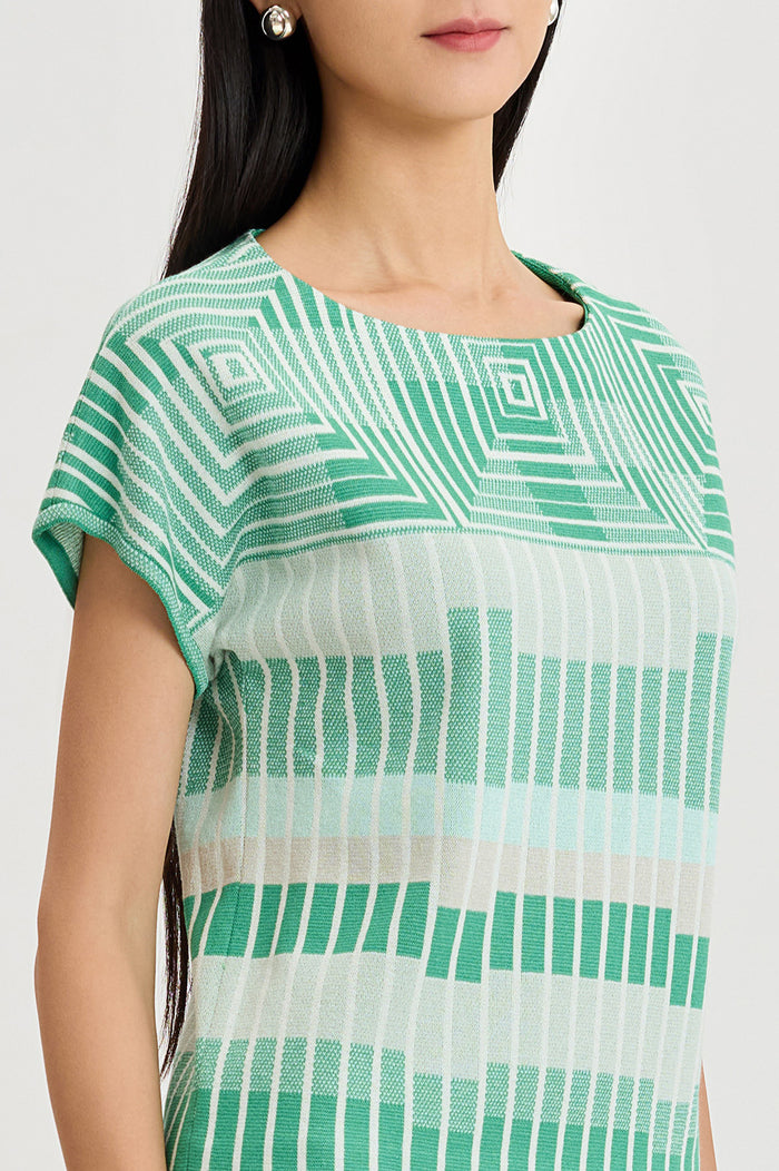 Geometric Jacquard Soft Knit Top, Kelly Green/Eucalyptus/Limestone/Ivory | Ming Wang