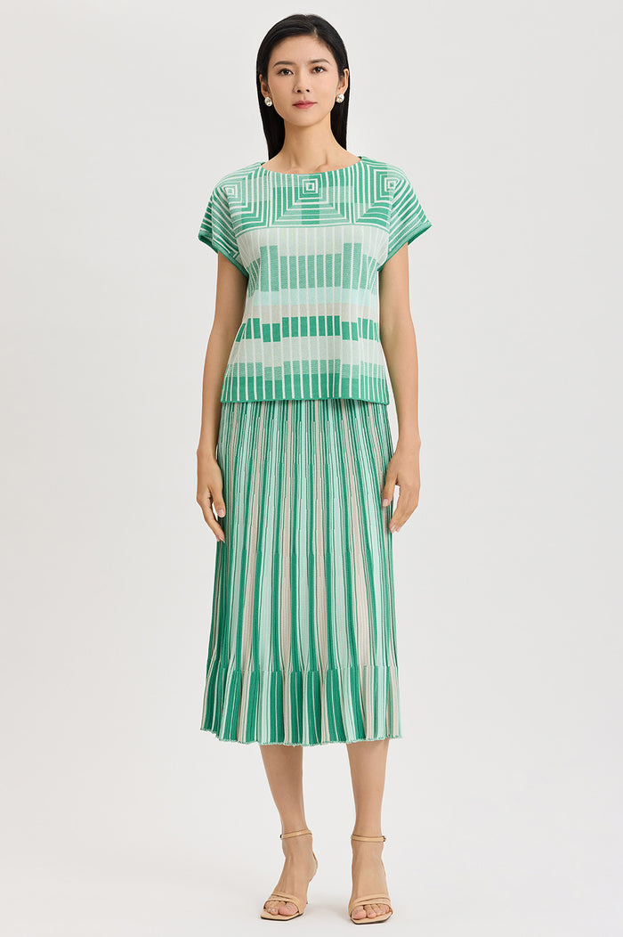 Geometric Jacquard Soft Knit Top, Kelly Green/Eucalyptus/Limestone/Ivory | Ming Wang