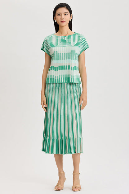 Geometric Jacquard Soft Knit Top, Kelly Green/Eucalyptus/Limestone/Ivory | Ming Wang
