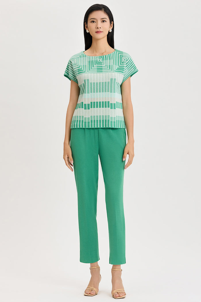Geometric Jacquard Soft Knit Top, Kelly Green/Eucalyptus/Limestone/Ivory | Ming Wang