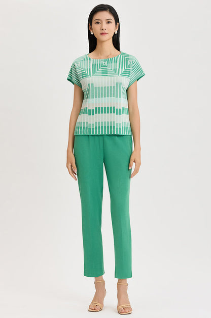 Geometric Jacquard Soft Knit Top, Kelly Green/Eucalyptus/Limestone/Ivory | Ming Wang