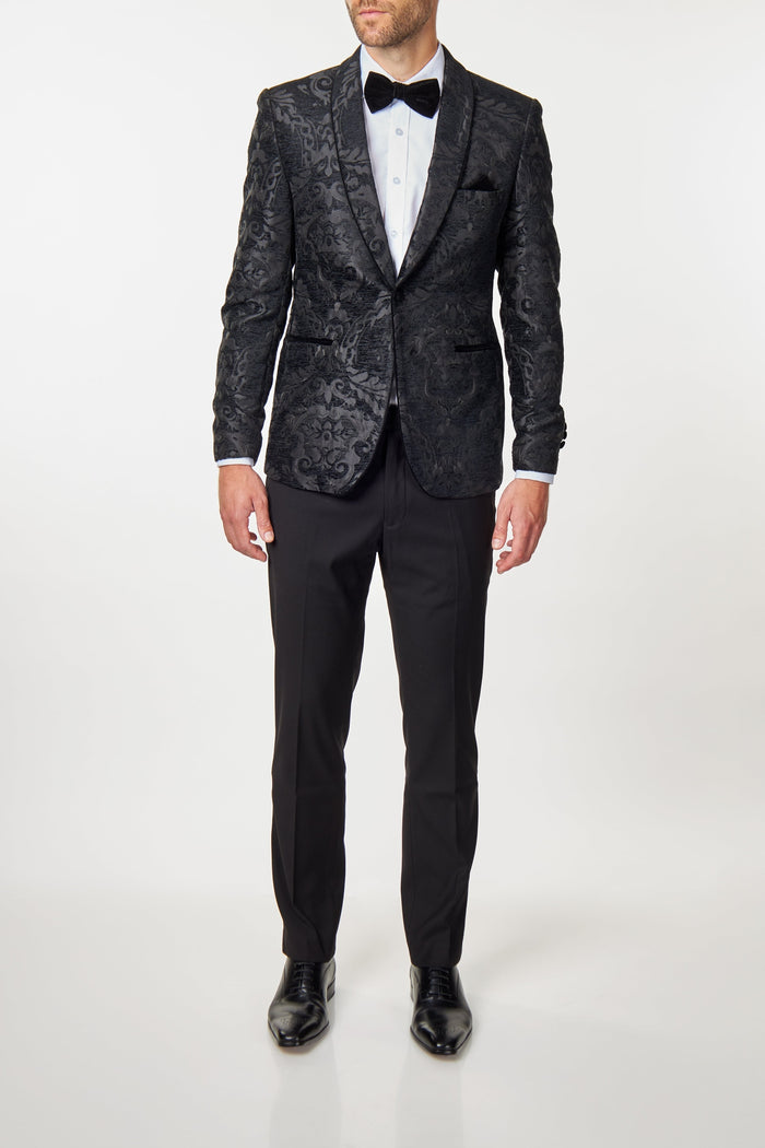 GLEN - Black Floral Foliage Jacquard Tuxedo Jacket