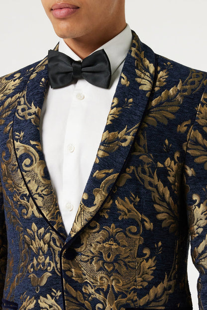 GLEN - Gold Brocade on Flocked Navy Velvet Jacquard Blazer