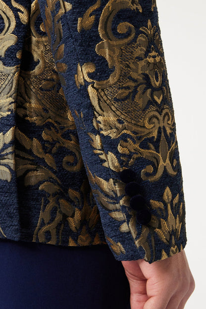 GLEN - Gold Brocade on Flocked Navy Velvet Jacquard Blazer