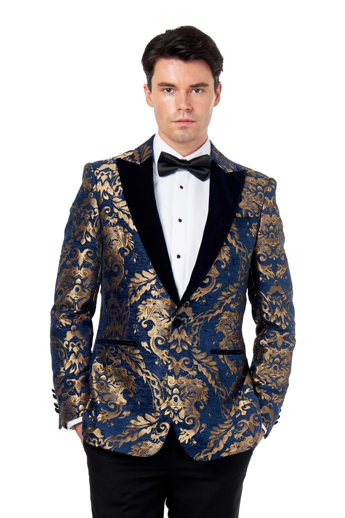 GLEN - GOLD BROCADE ON FLOCKED NAVY VELVET LAPEL JACQUARD BLAZER