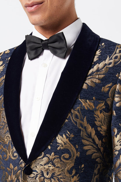 GLEN - GOLD BROCADE ON FLOCKED NAVY VELVET LAPEL JACQUARD BLAZER