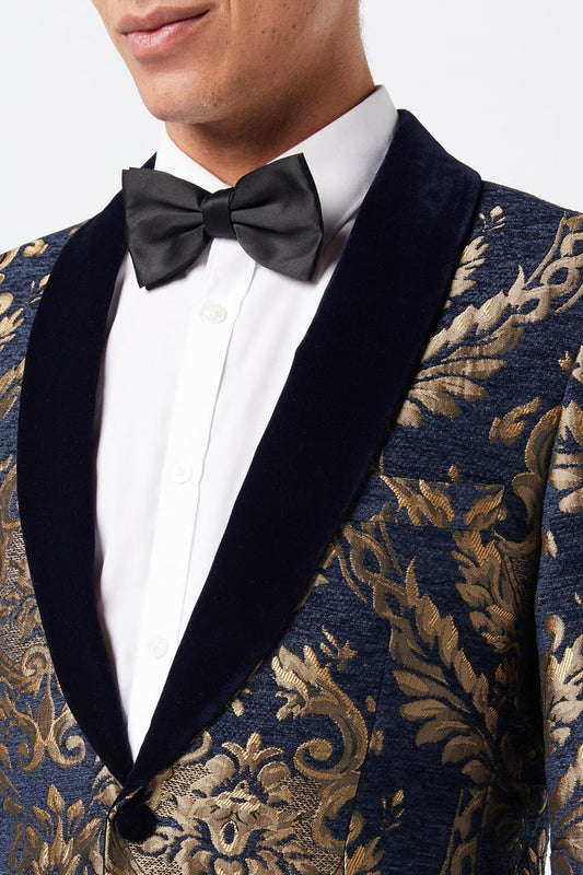 GLEN - GOLD BROCADE ON FLOCKED NAVY VELVET LAPEL JACQUARD BLAZER
